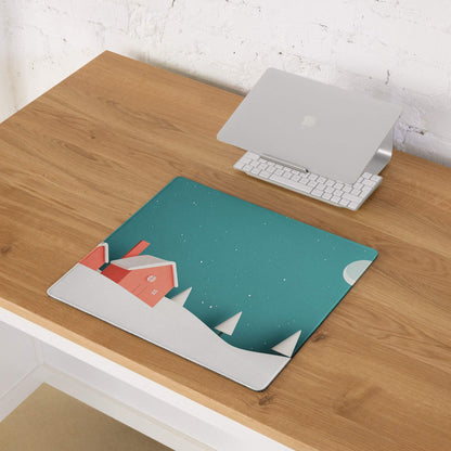 Teal Whimsical Winter Village gaming mouse pad with orange house, snow trees, starry sky