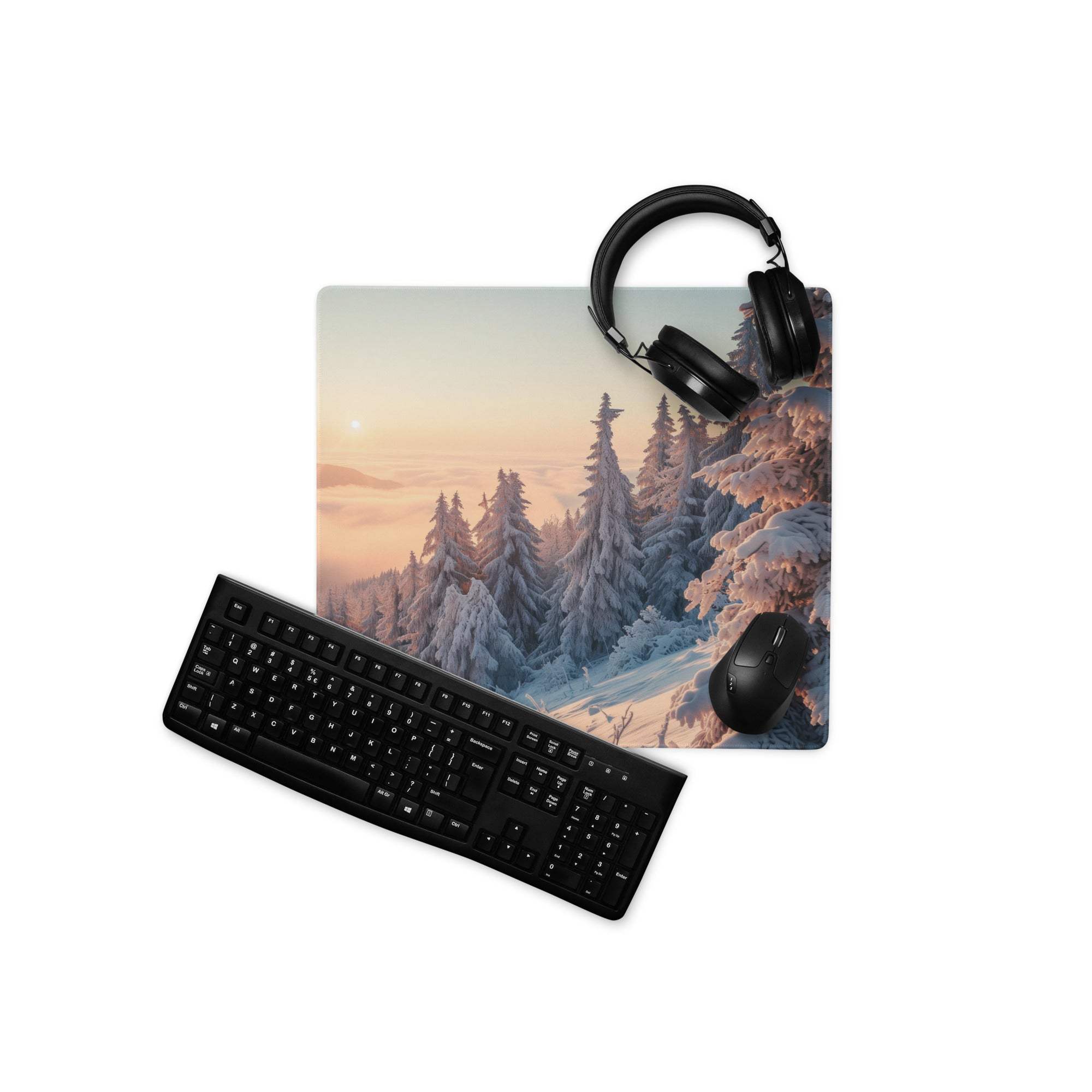 Calm winter sunrise forest gaming mousepad with black keyboard and mouse