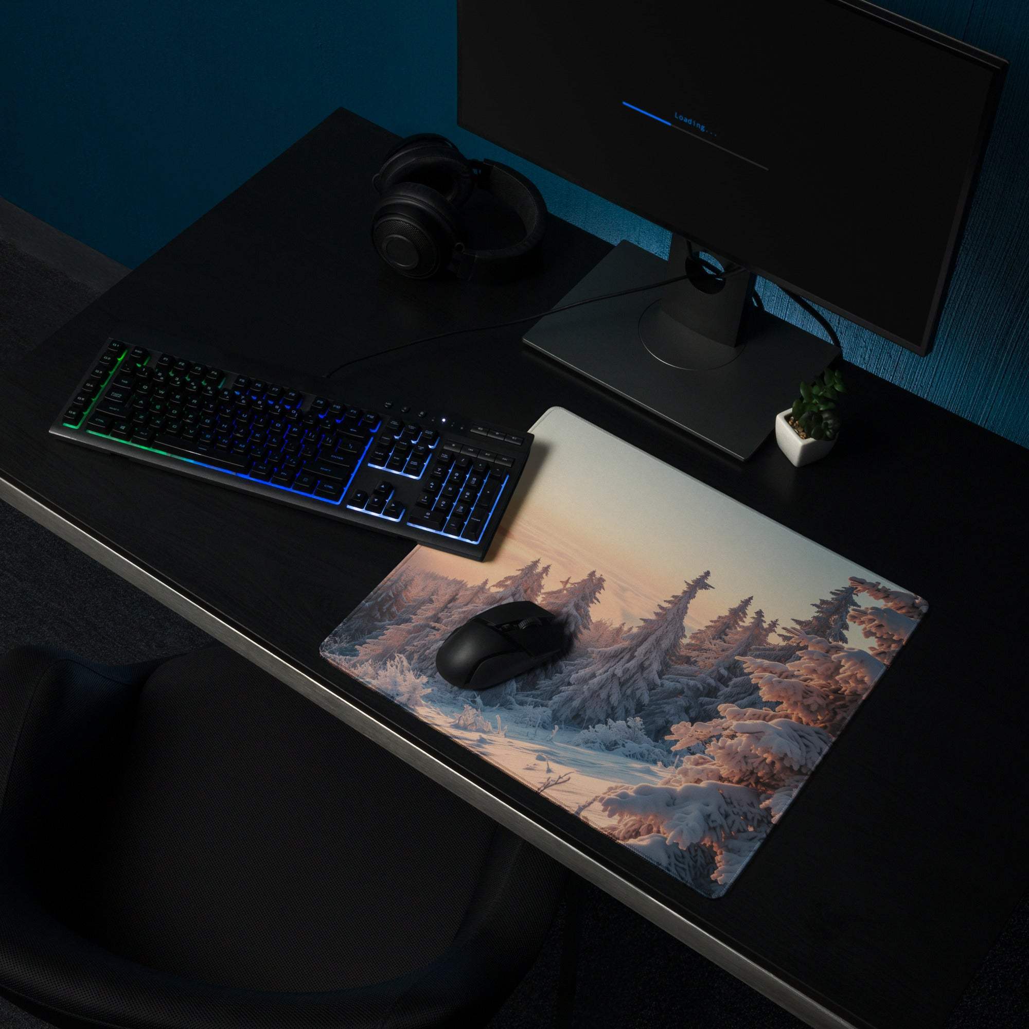 Calm Winter Sunrise Forest gaming mouse pad with snow pines, non-slip base