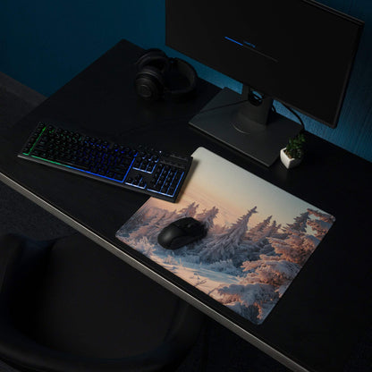 Calm Winter Sunrise Forest gaming mouse pad with snow pines, non-slip base