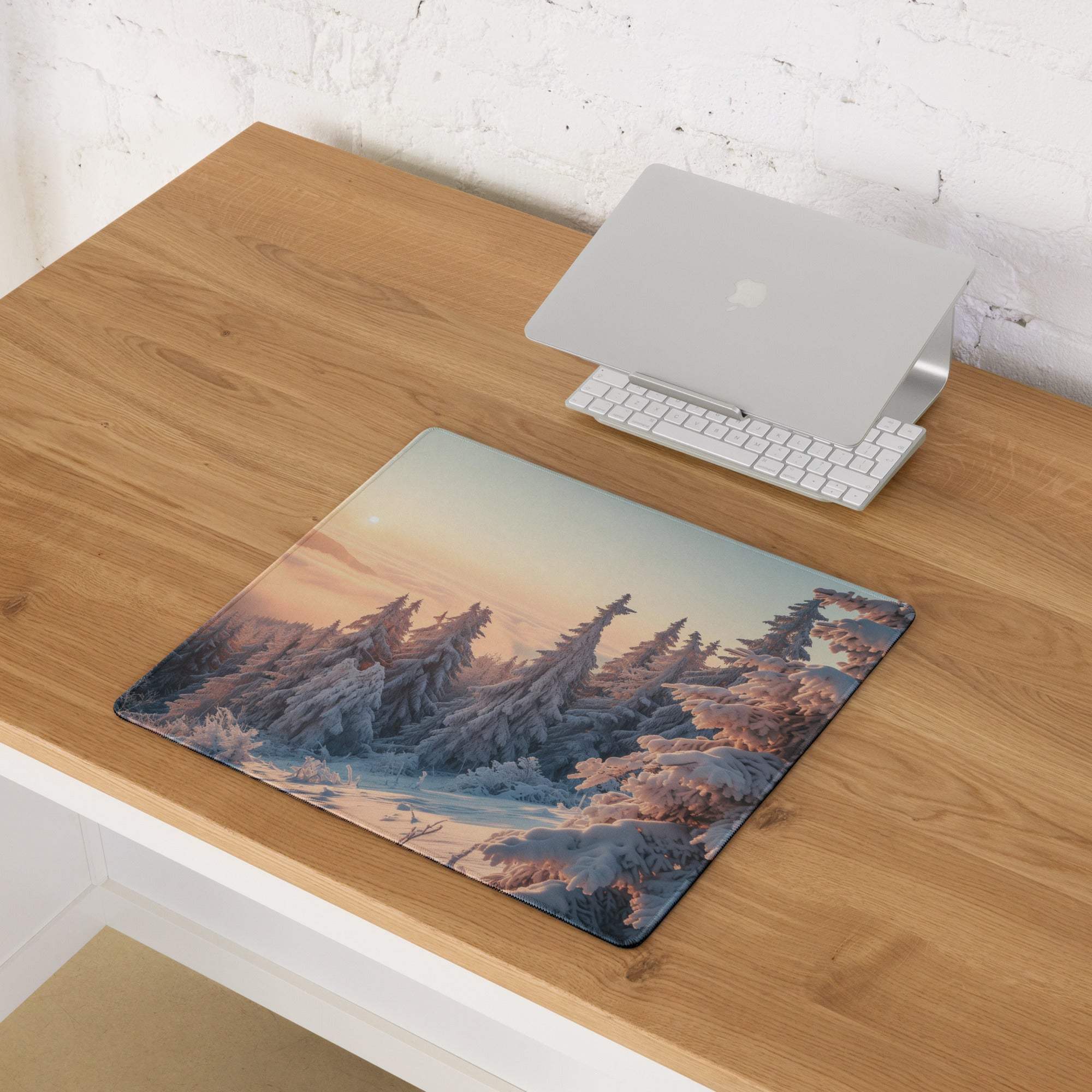 Calm winter sunrise forest gaming mouse pad with snow pines non-slip base