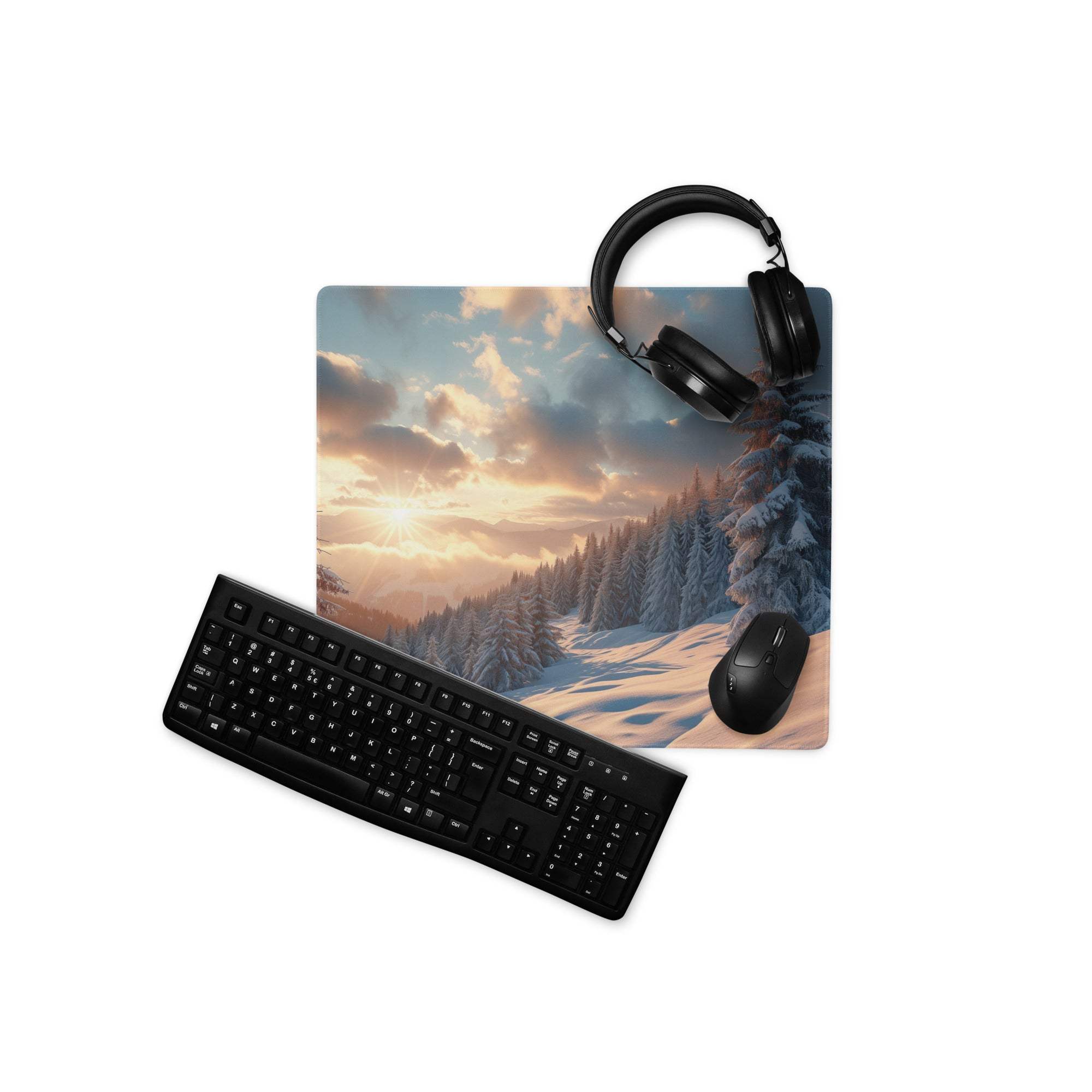 Black matte QWERTY keyboard on cinematic winter mountain gaming mouse pad