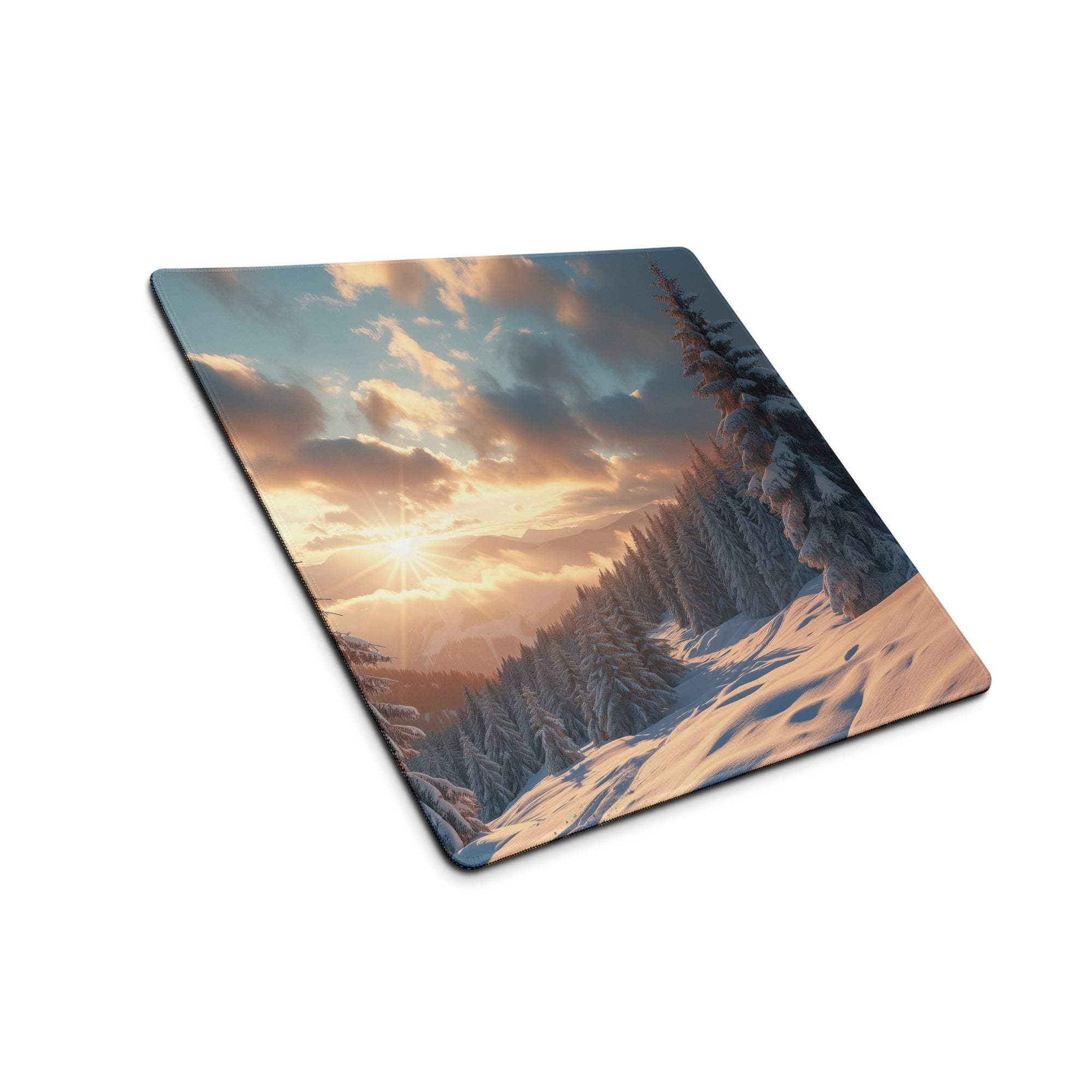 Snowy forest mousepad with cinematic winter dawn sunset glow