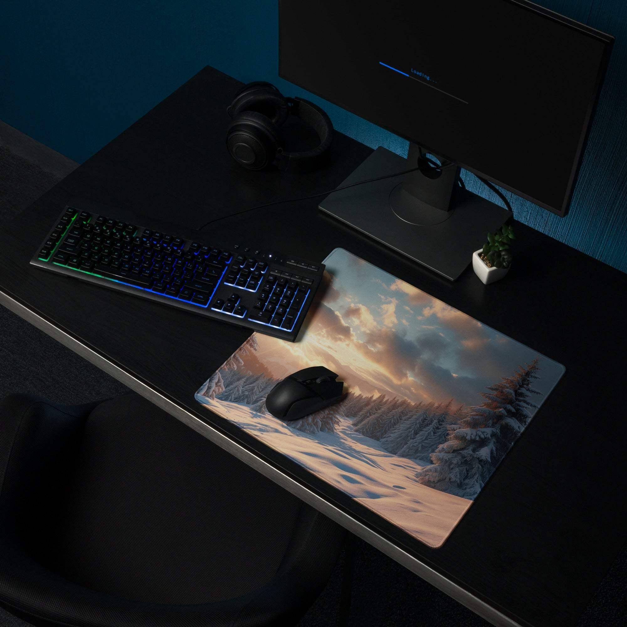 Cinematic winter mountain landscape gaming mouse pad with snowy forest dawn and sunset glow