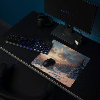 Cinematic winter mountain landscape gaming mouse pad with snowy forest dawn and sunset glow