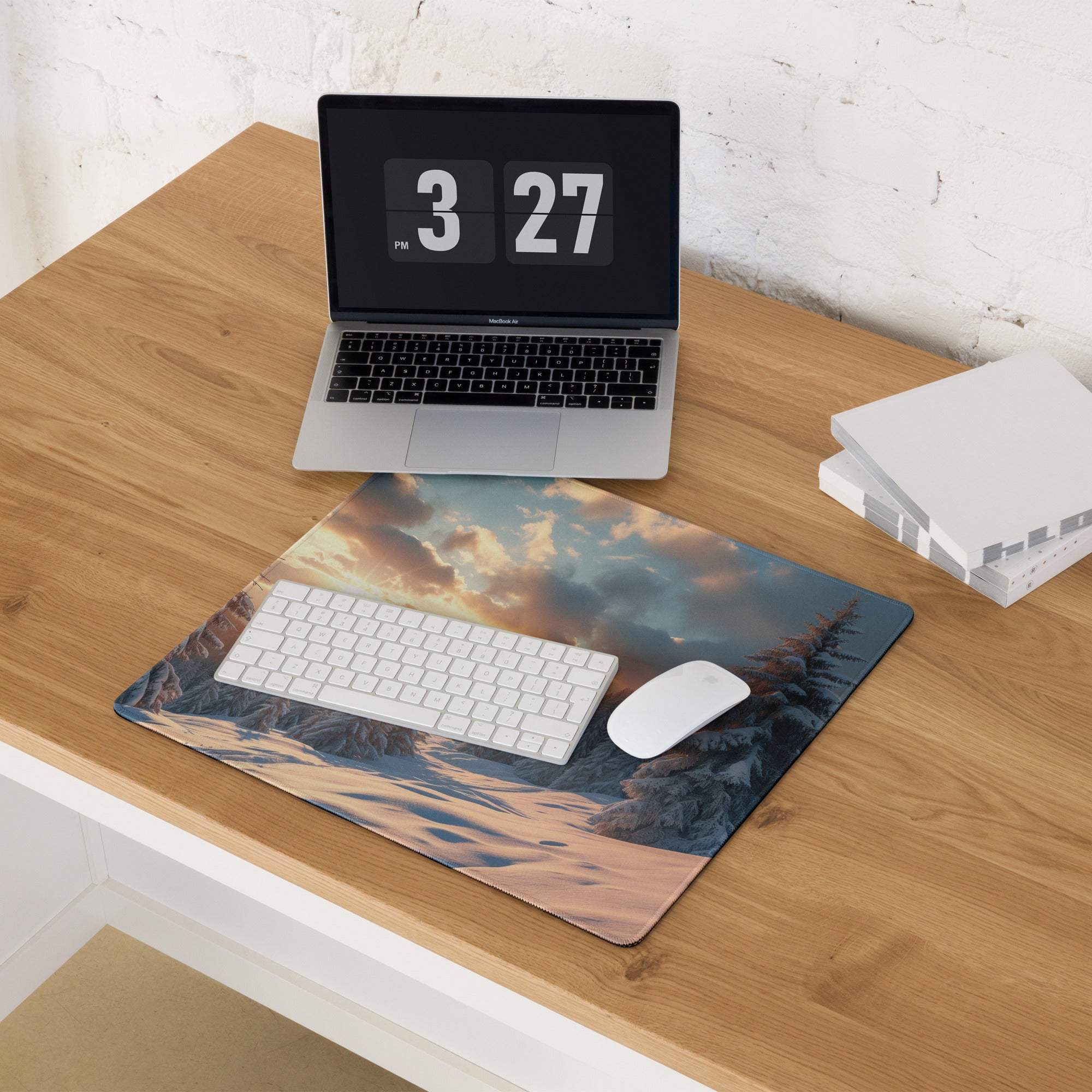 Cinematic winter mountain landscape gaming mouse pad with snowy forest dawn