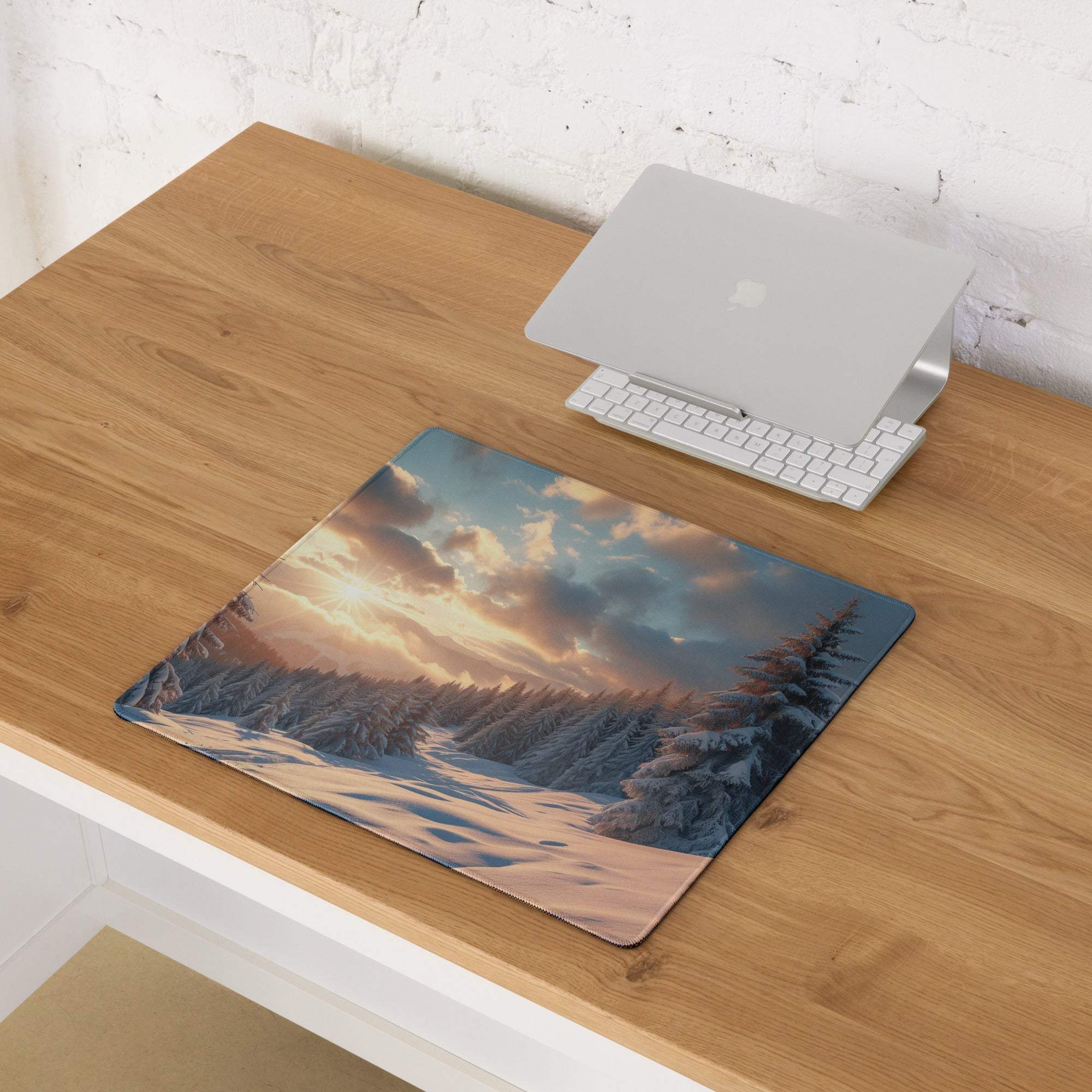 Cinematic winter mountain gaming mouse pad with snowy forest dawn sunset glow