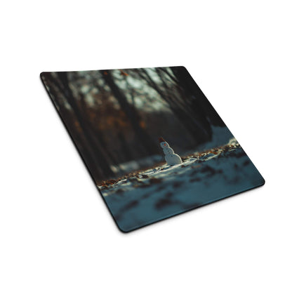 Winter Forest Serenity snowman gaming mouse pad in snowy forest scene
