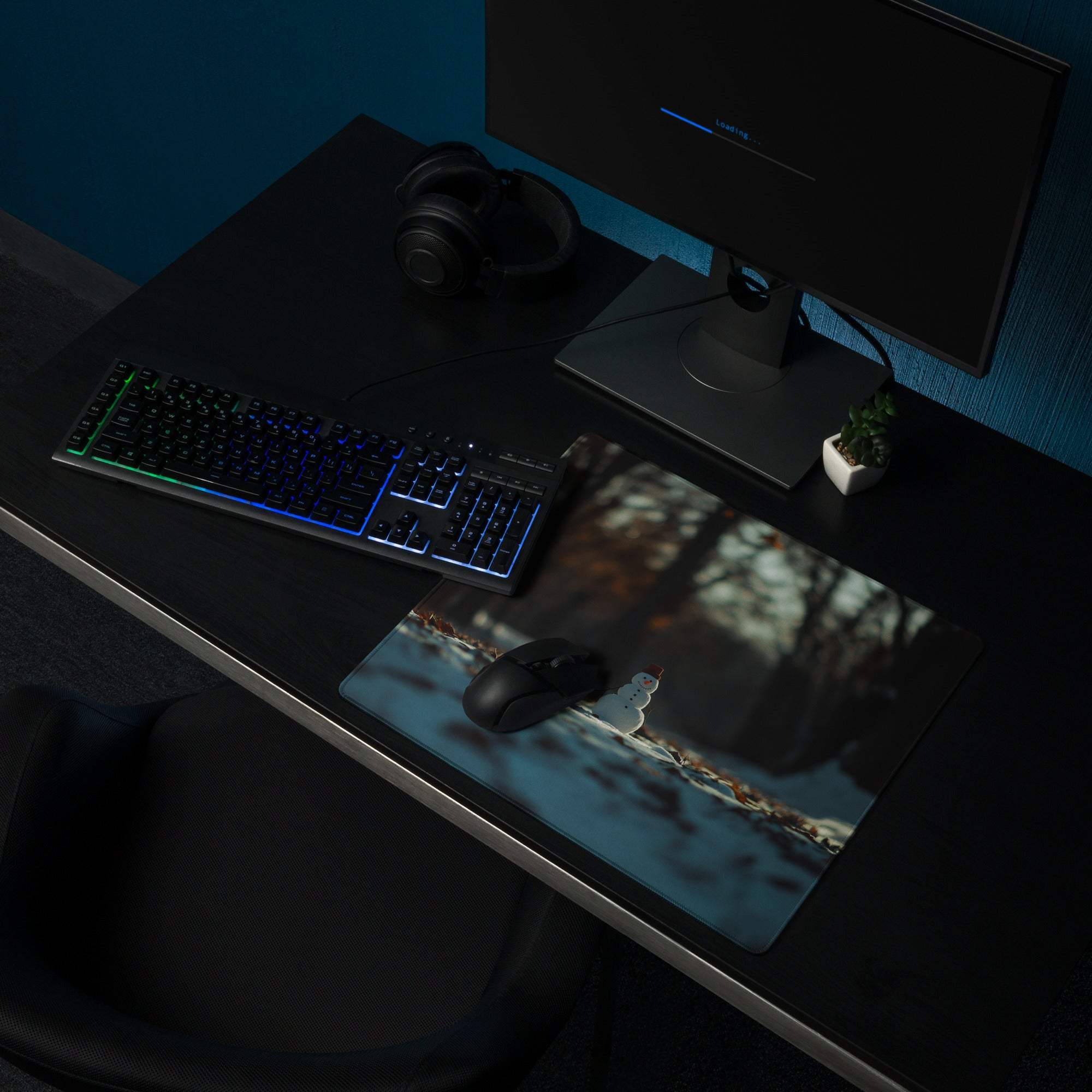 Winter Forest Serenity In Snowlight black gaming mouse pad with snowy forest scene