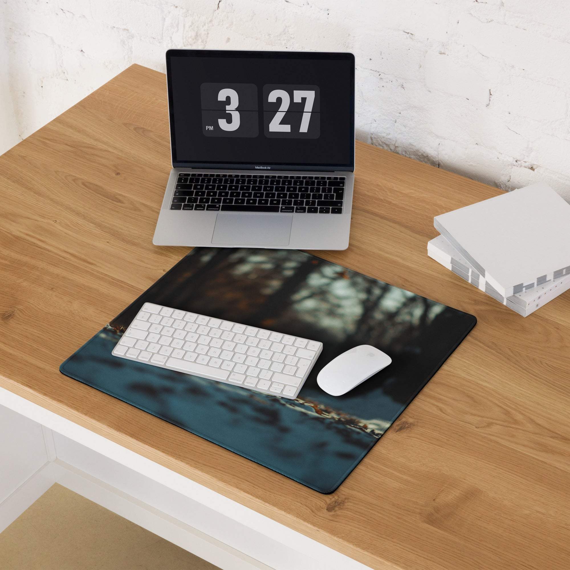 Winter Forest Serenity gaming mouse pad with dark teal black forest design