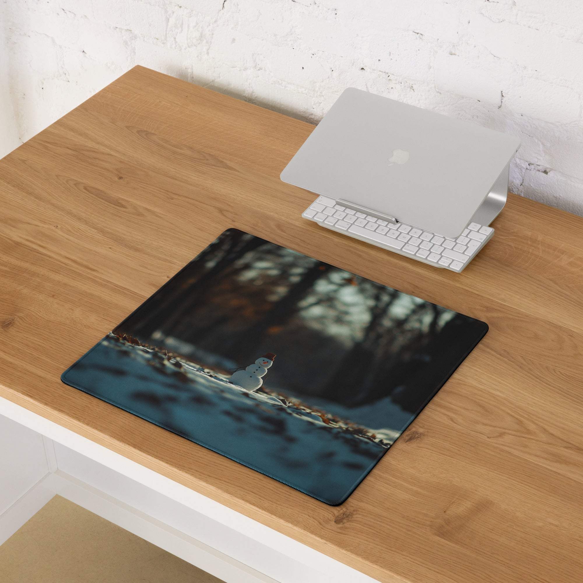 Winter Forest Serenity snowman on icy water gaming mouse pad