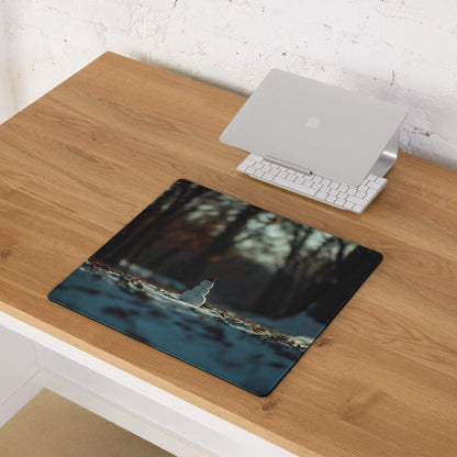 Winter Forest Serenity snowman on icy water gaming mouse pad