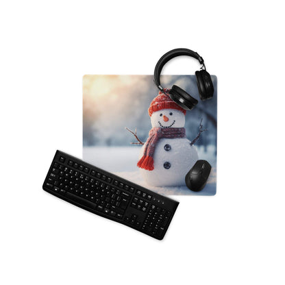 Festive snowman gaming mouse pad with beanie, scarf, snowy glow scene