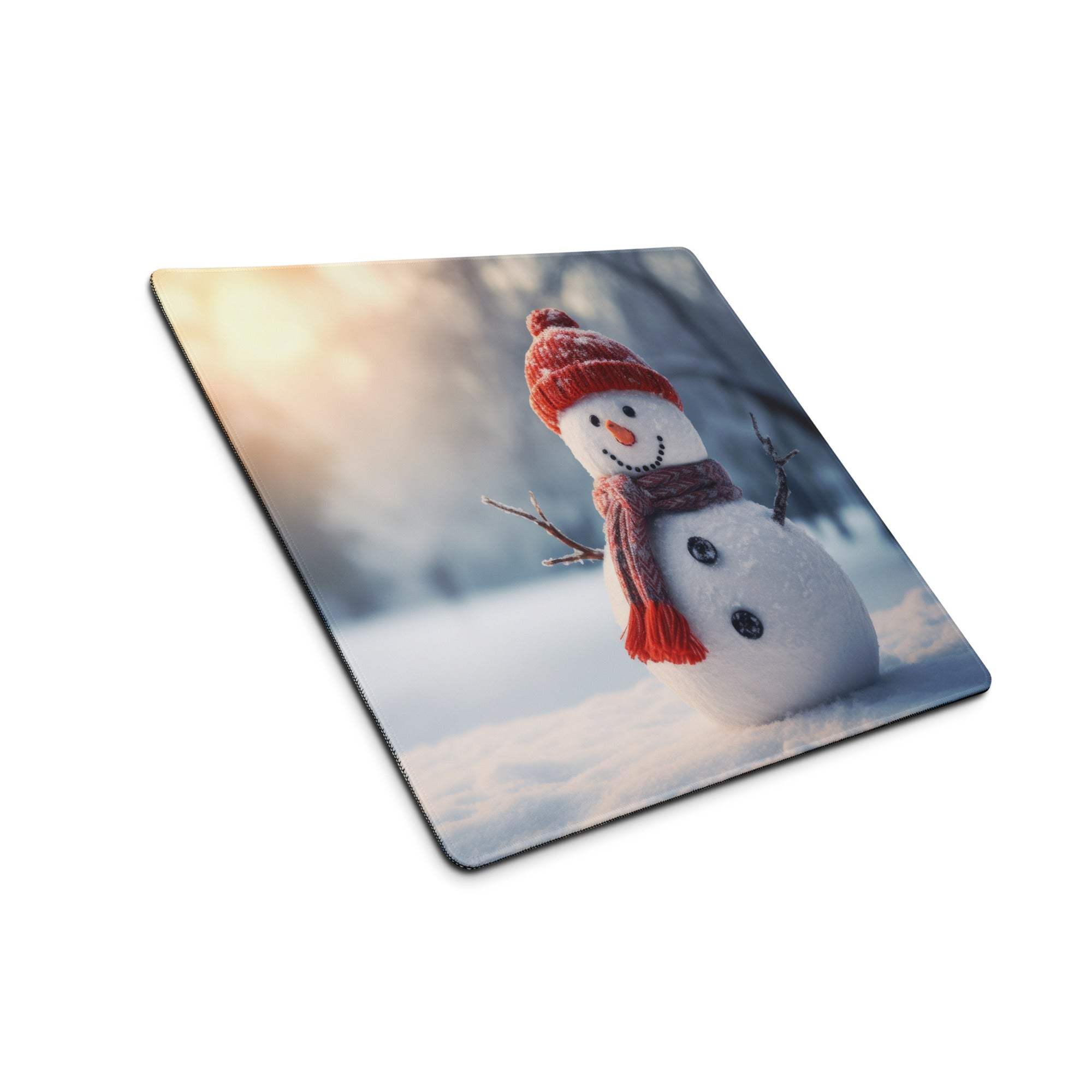 Festive snowman in red hat scarf on large blue gaming mouse pad