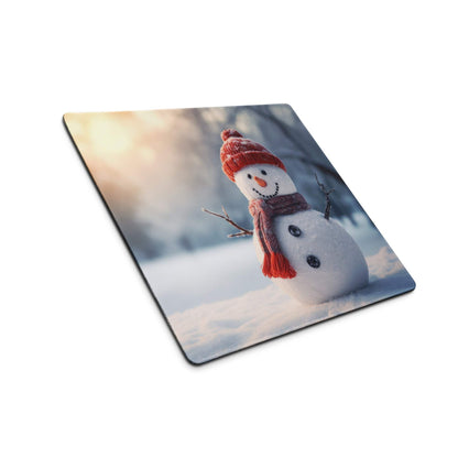 Festive snowman in red hat scarf on large blue gaming mouse pad