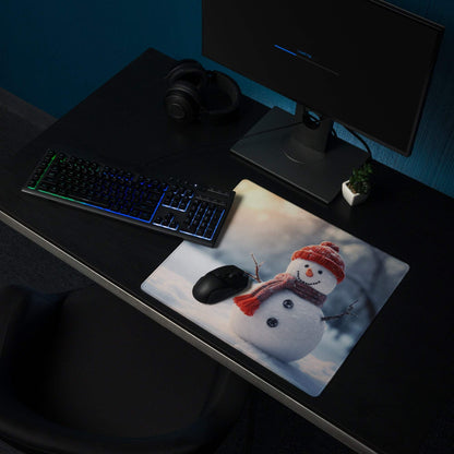 Festive snowman in red hat scarf on large gaming mouse pad