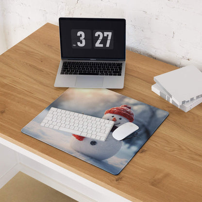 Festive snowman in red hat scarf on large gaming mouse pad