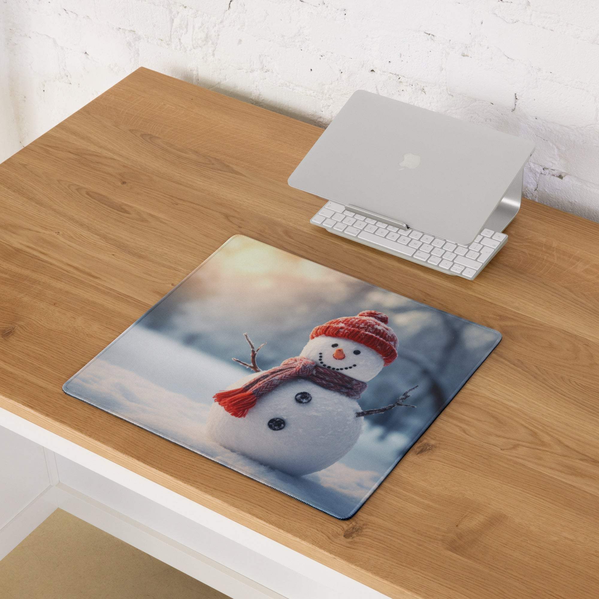 Festive snowman in red hat scarf on large gaming mouse pad