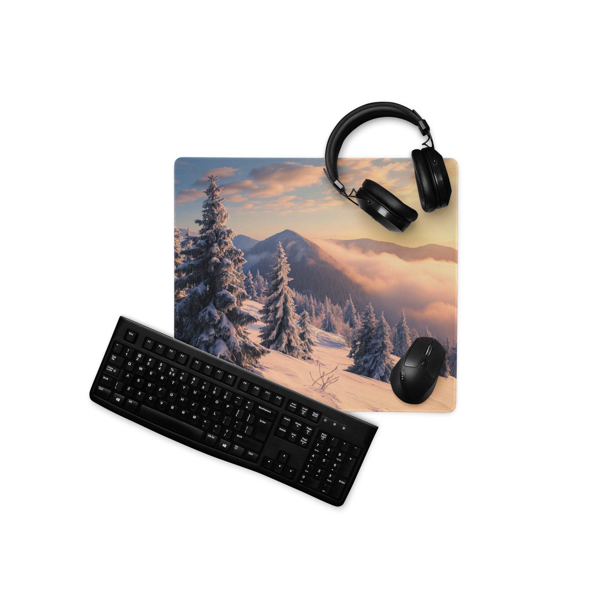Epic snowy mountain sunset gaming mouse pad with non-slip base