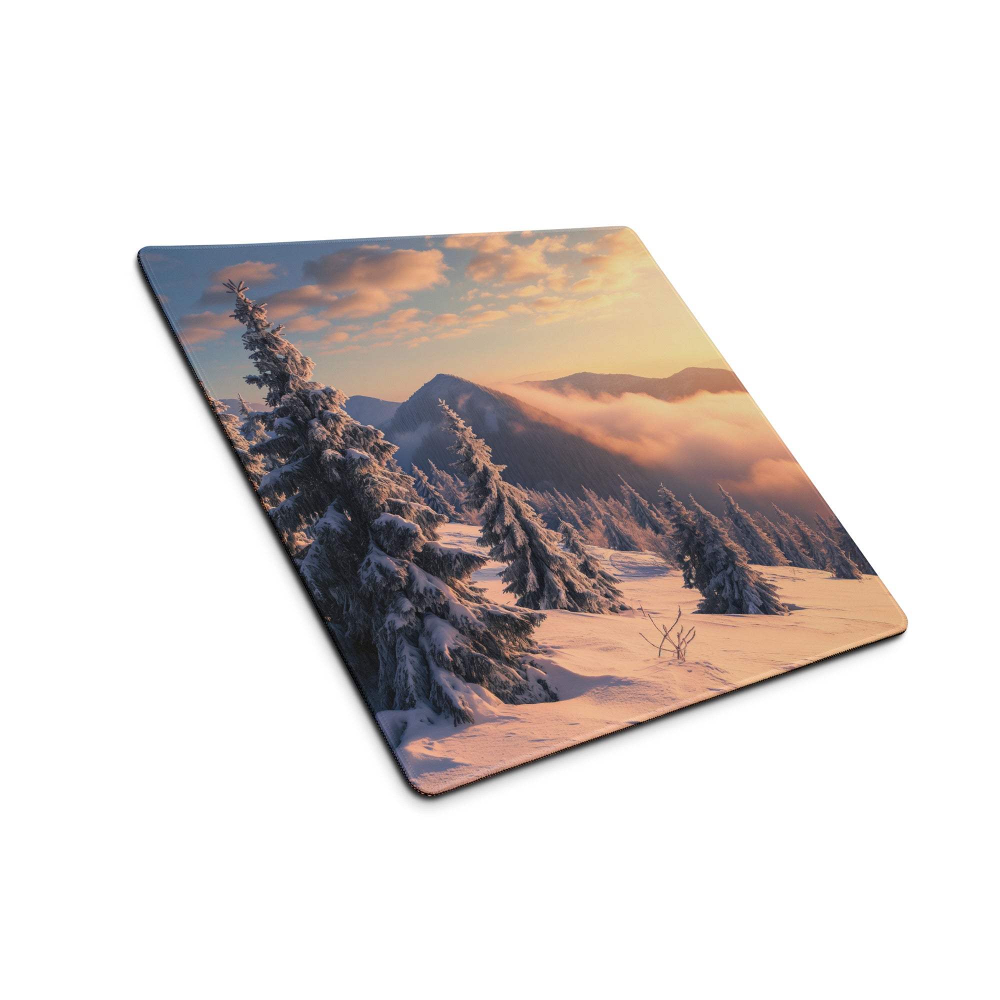 Snowy pine trees and misty mountains on Epic Sunset gaming mouse pad