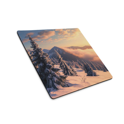 Snowy pine trees and misty mountains on Epic Sunset gaming mouse pad