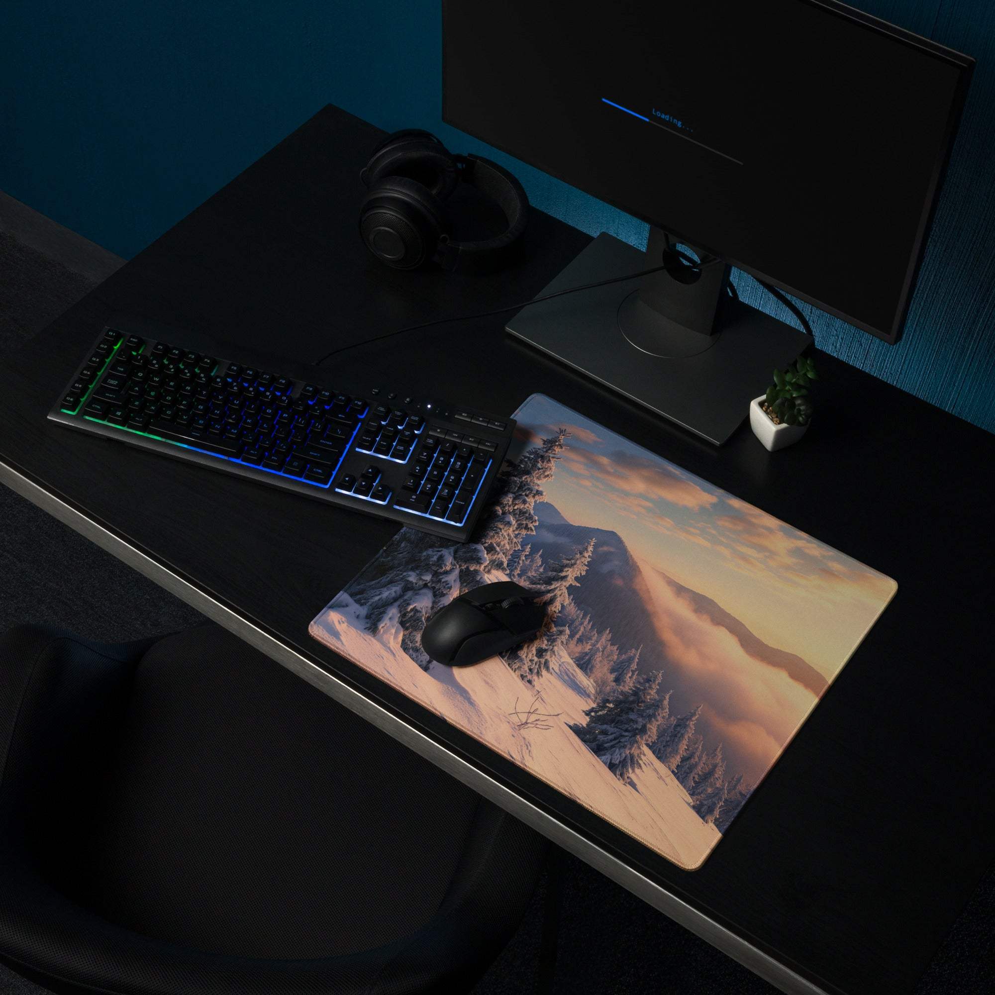 Epic Snowy Mountain Sunset large gaming mouse pad with non-slip base
