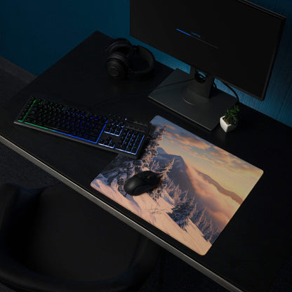 Epic Snowy Mountain Sunset large gaming mouse pad with non-slip base