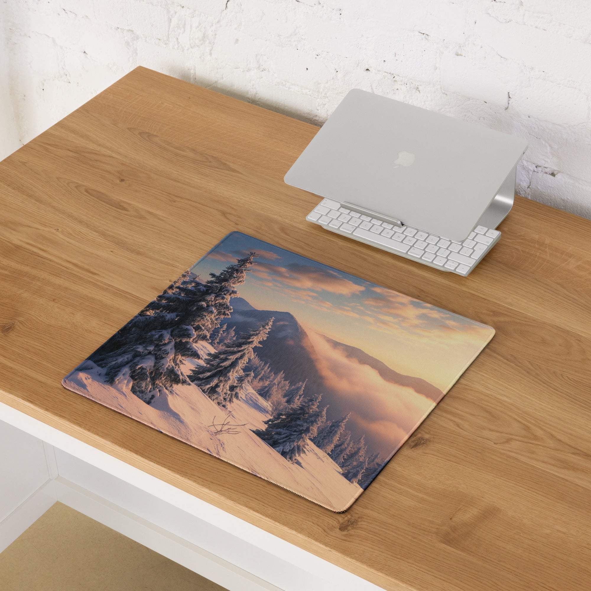 Epic Snowy Mountain Sunset large gaming mouse pad with stitched edge