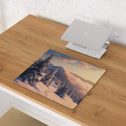 Epic Snowy Mountain Sunset large gaming mouse pad with stitched edge