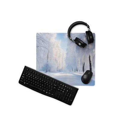 Black matte QWERTY keyboard on Winter Blue Forest gaming mouse pad