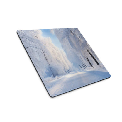 Winter Blue Forest gaming mouse pad with serene snow-covered trees and icy cliffs