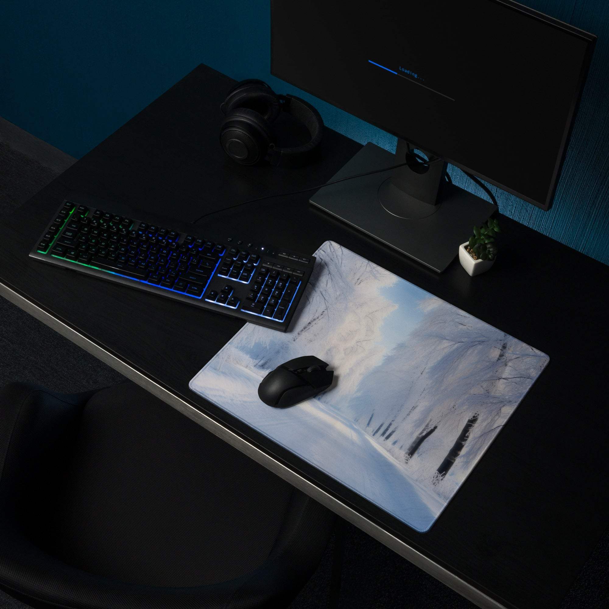 Winter Blue Forest large gaming mousepad with snow mountains landscape