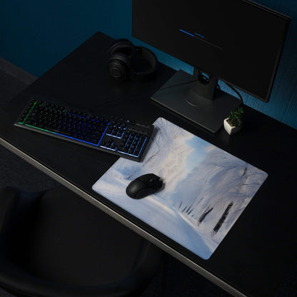 Winter Blue Forest large gaming mousepad with snow mountains landscape