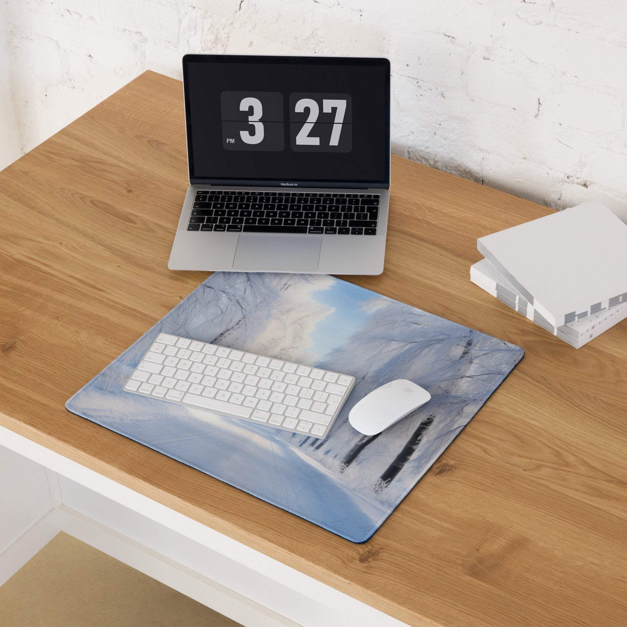 Large Winter Blue Forest gaming mouse pad with blue white abstract landscape, textured finish, non-slip base, stitched edges