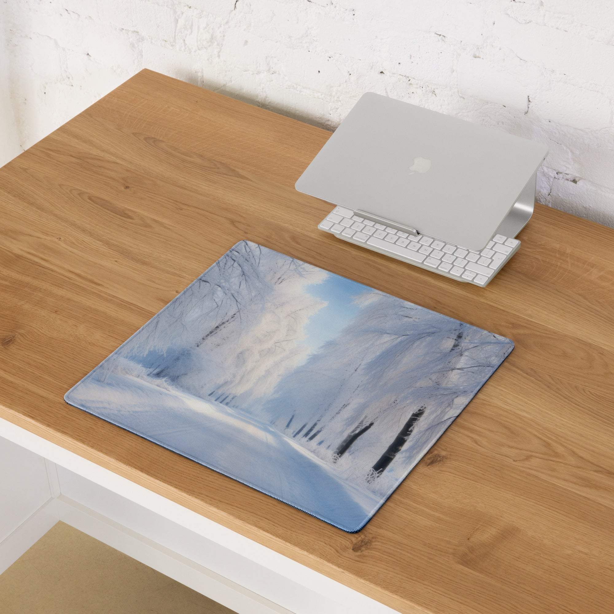 Large Winter Blue Forest gaming mouse pad with blue white landscape and non-slip base