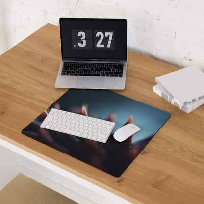 Black rectangular gaming mousepad with moody blue hands reaching up