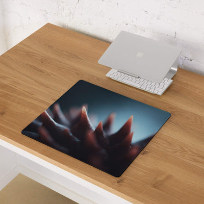 Black rectangular gaming mousepad with red spiky teeth on blue gradient