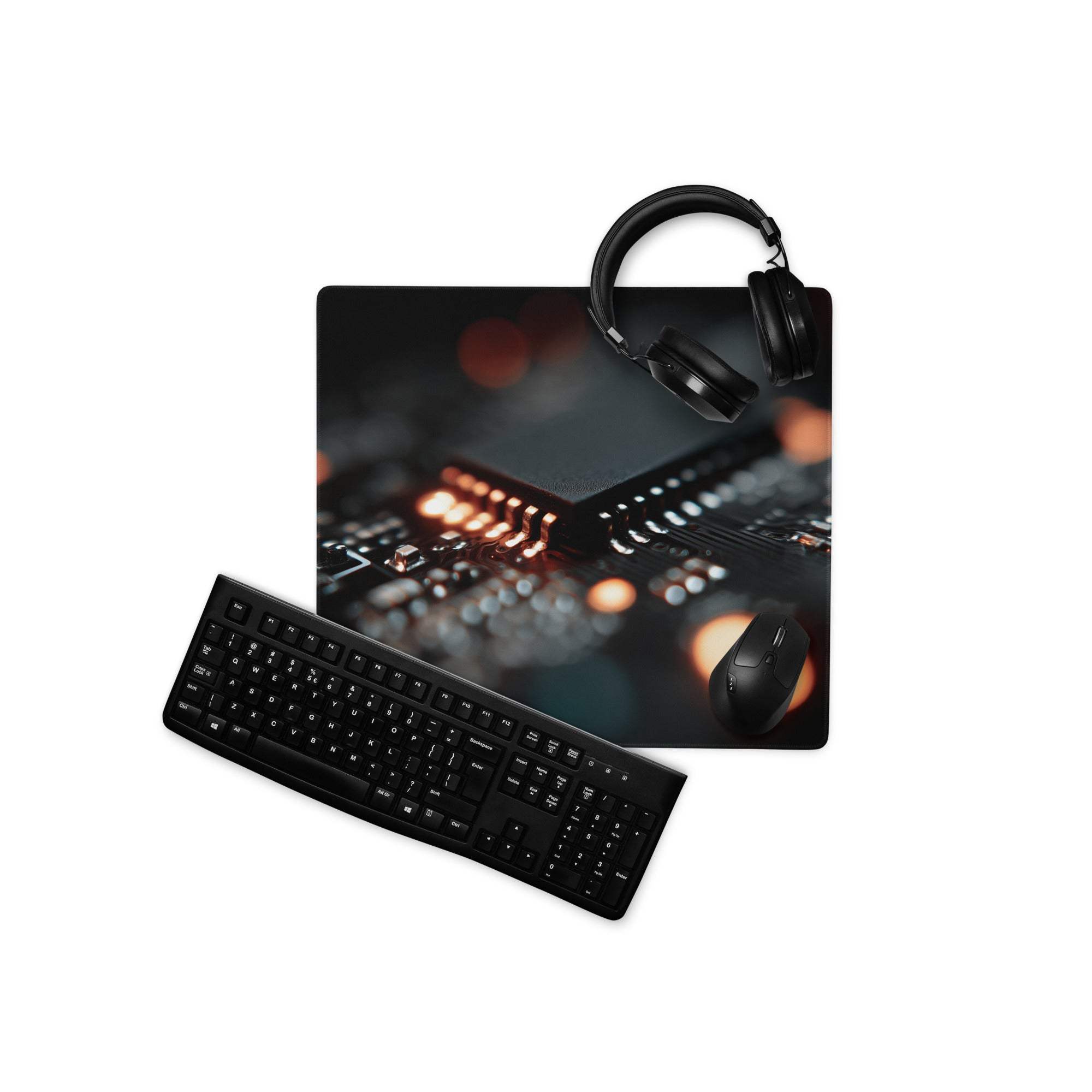 Premium large dark gaming mouse pad with circuit board design, glowing orange lights, headphones, keyboard, mouse print, non-slip base, stitched edges for Dota and CSGO