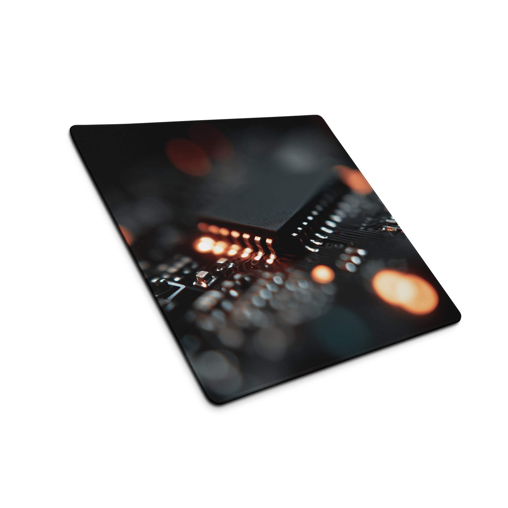 Premium large dark gaming mouse pad with glowing orange circuit board design