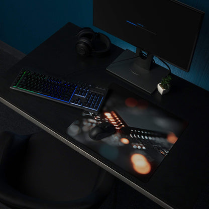 Premium large dark gaming mouse pad with cityscape bokeh design