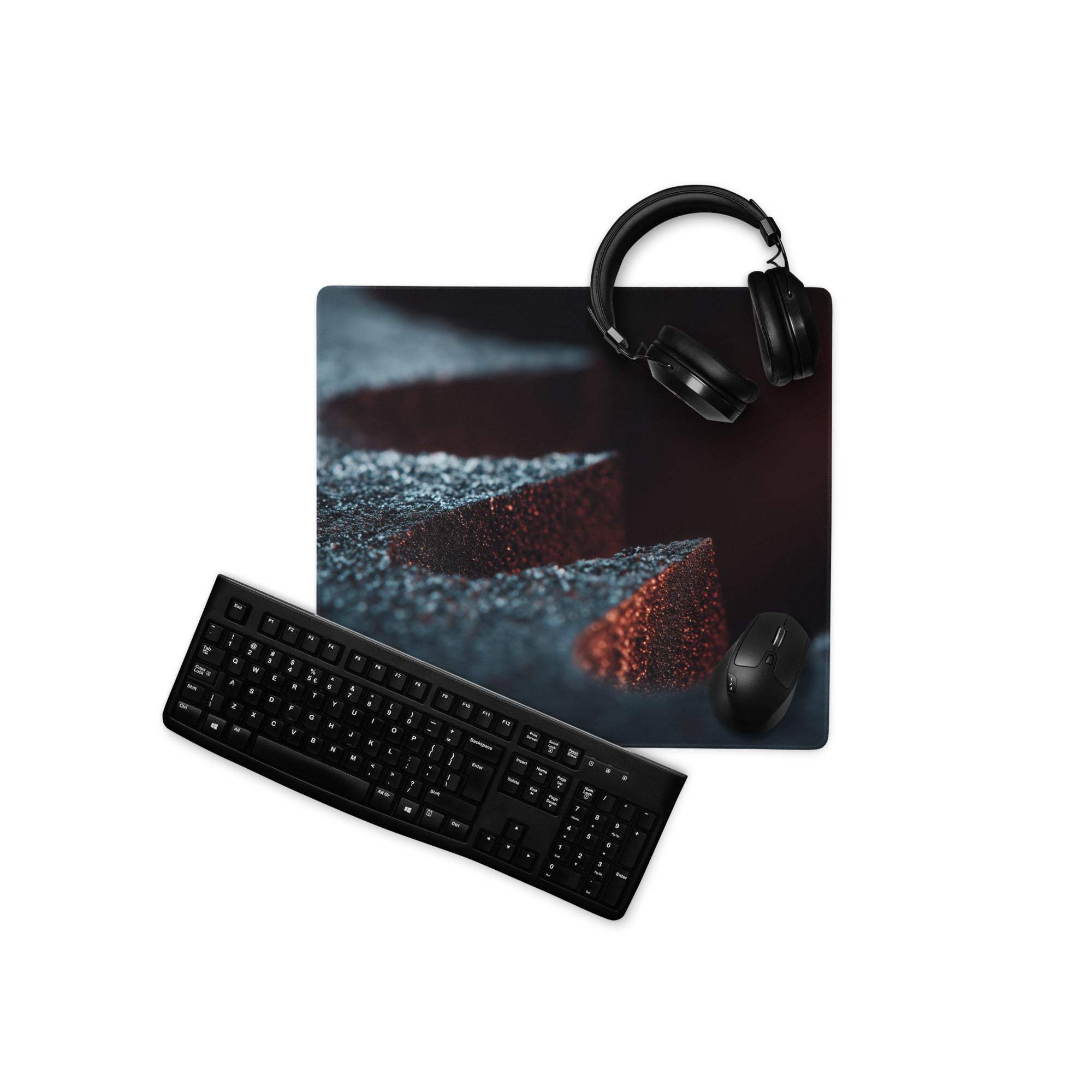 Premium Midnight Ember gaming mouse pad with red glitter cake and headphones