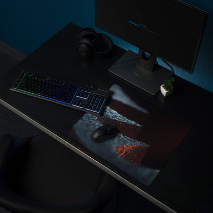 Premium Midnight Ember extended gaming mouse pad with glowing red blue accents