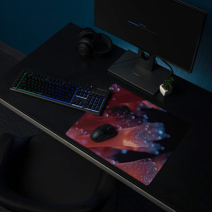 Neon Nebula red black gaming mousepad with glowing blue droplets