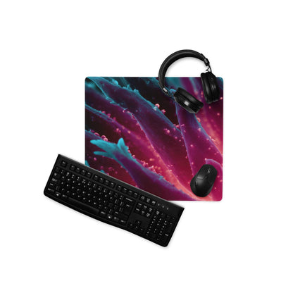 Vibrant neon gradient gaming mouse pad with swirling magenta teal patterns, keyboard, headset, non-slip base, stitched edges