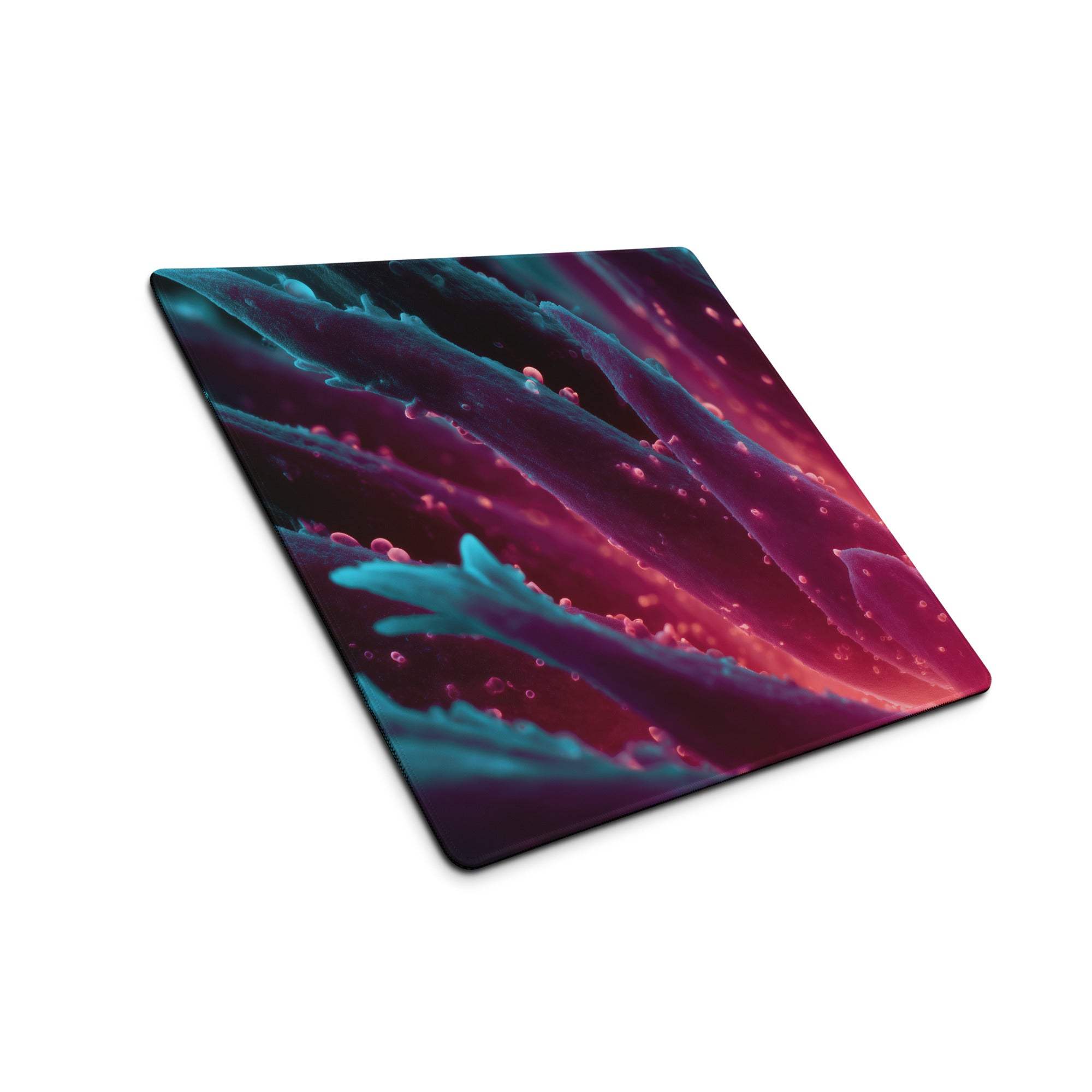 Vibrant neon gradient gaming mouse pad with teal magenta streaks, glossy non-slip base