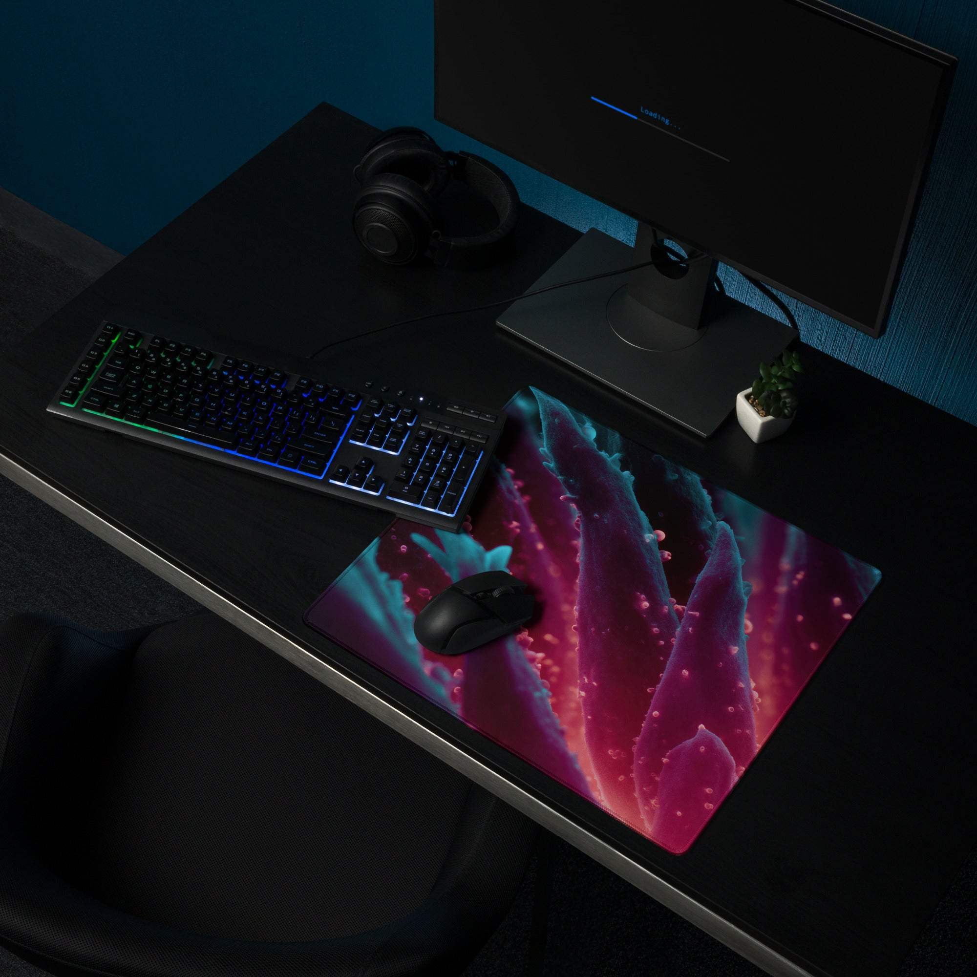 Vibrant pink teal abstract floral gaming mousepad glossy nonslip stitched