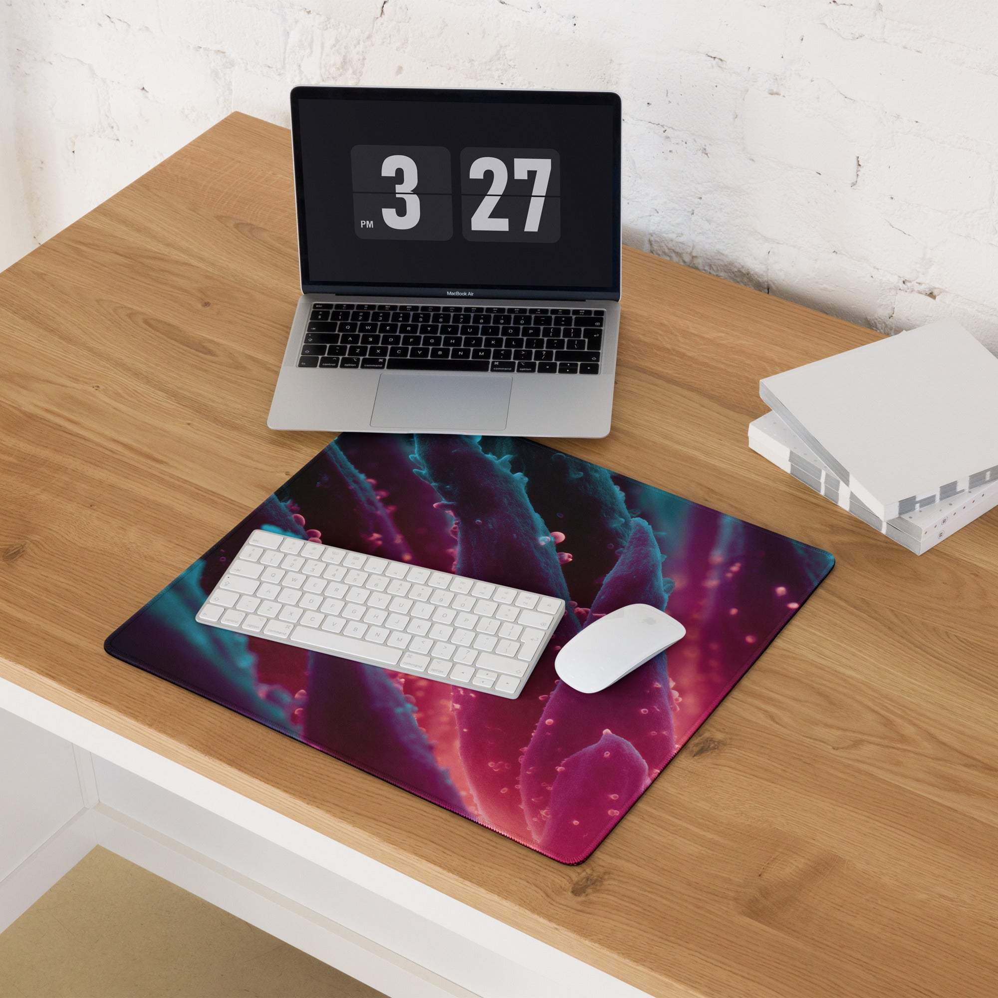 Vibrant cosmic nebula gaming mouse pad in purples pinks teal non-slip base