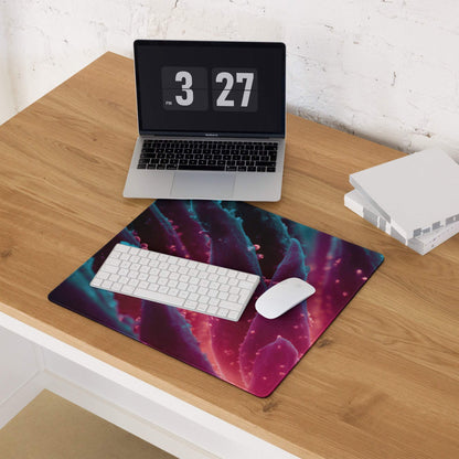 Vibrant cosmic nebula gaming mouse pad in purples pinks teal non-slip base