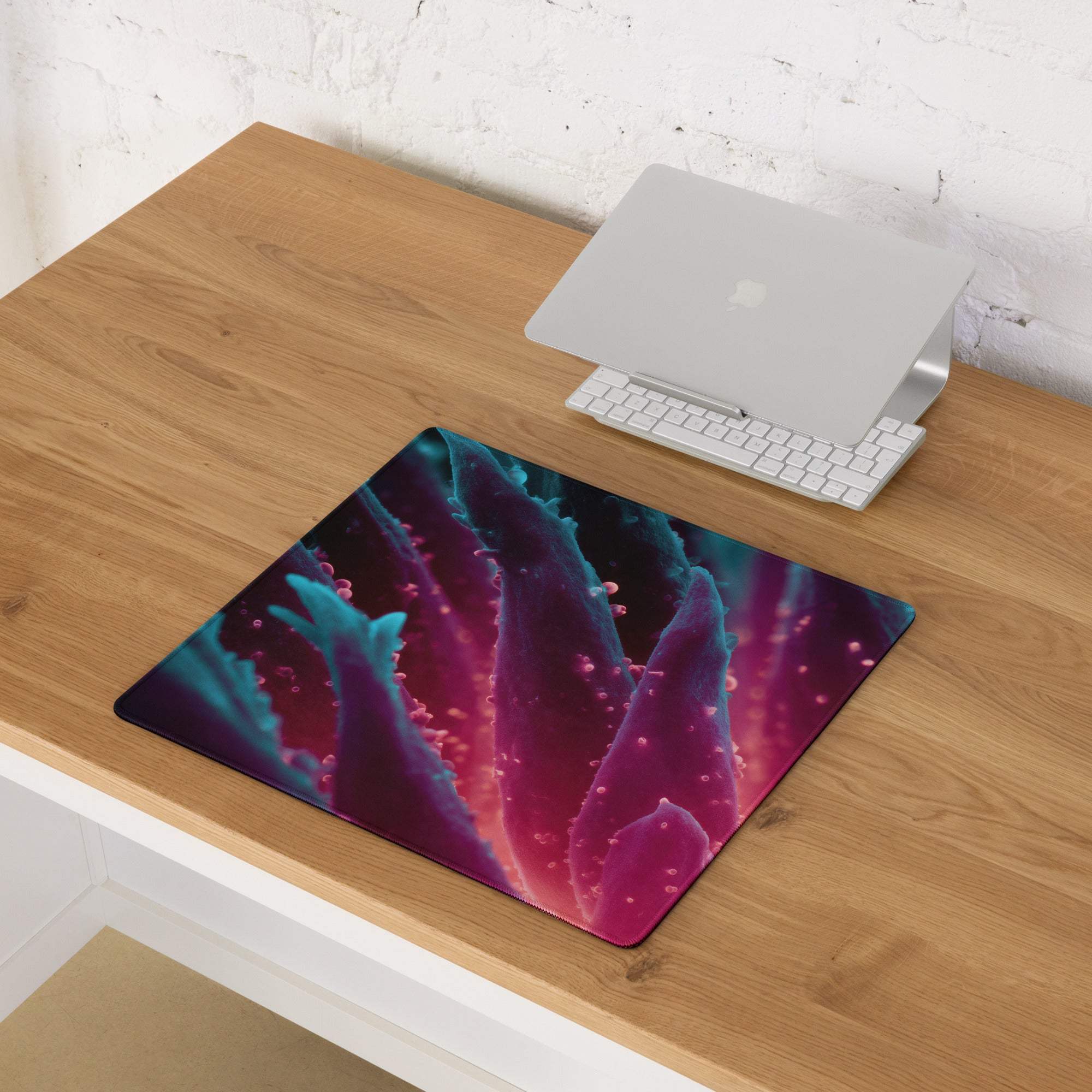 Vibrant purple teal abstract plant gaming mousepad glossy finish non-slip base