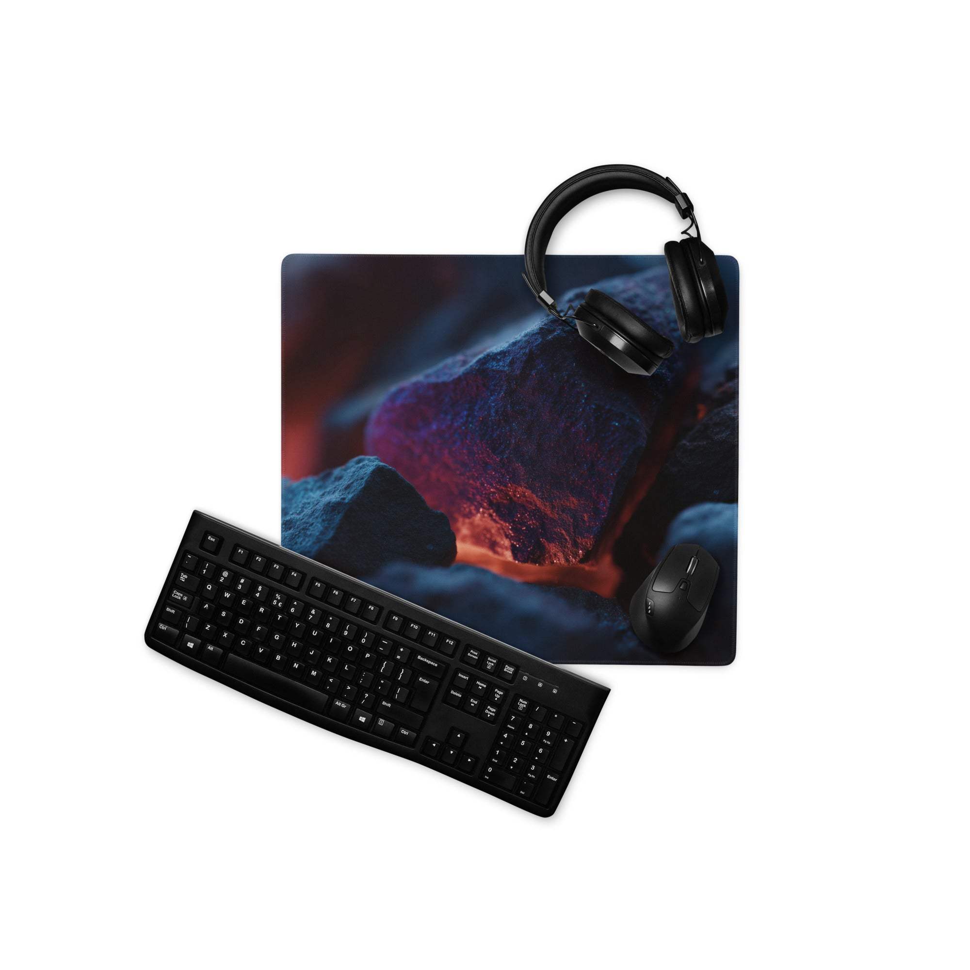 Black volcanic lava gaming mousepad with dark blue neon glow design